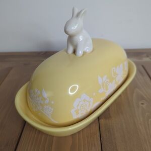 Vintage Magenta Bunny Rabbit Butter Dish – Yellow Floral Ceramic Covered  Easter
